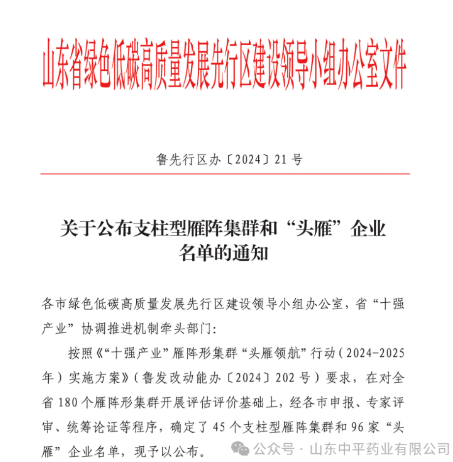 山东中平药业被确定为山东省“头雁”企业